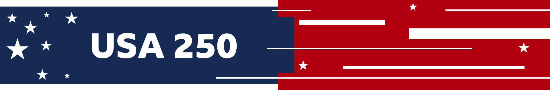 BBC design banner which borrows from the USA national flag - there are white stars on a blue background on the left of the banner and the words USA 250. And there are white stars on red on the left side of the banner, no text.