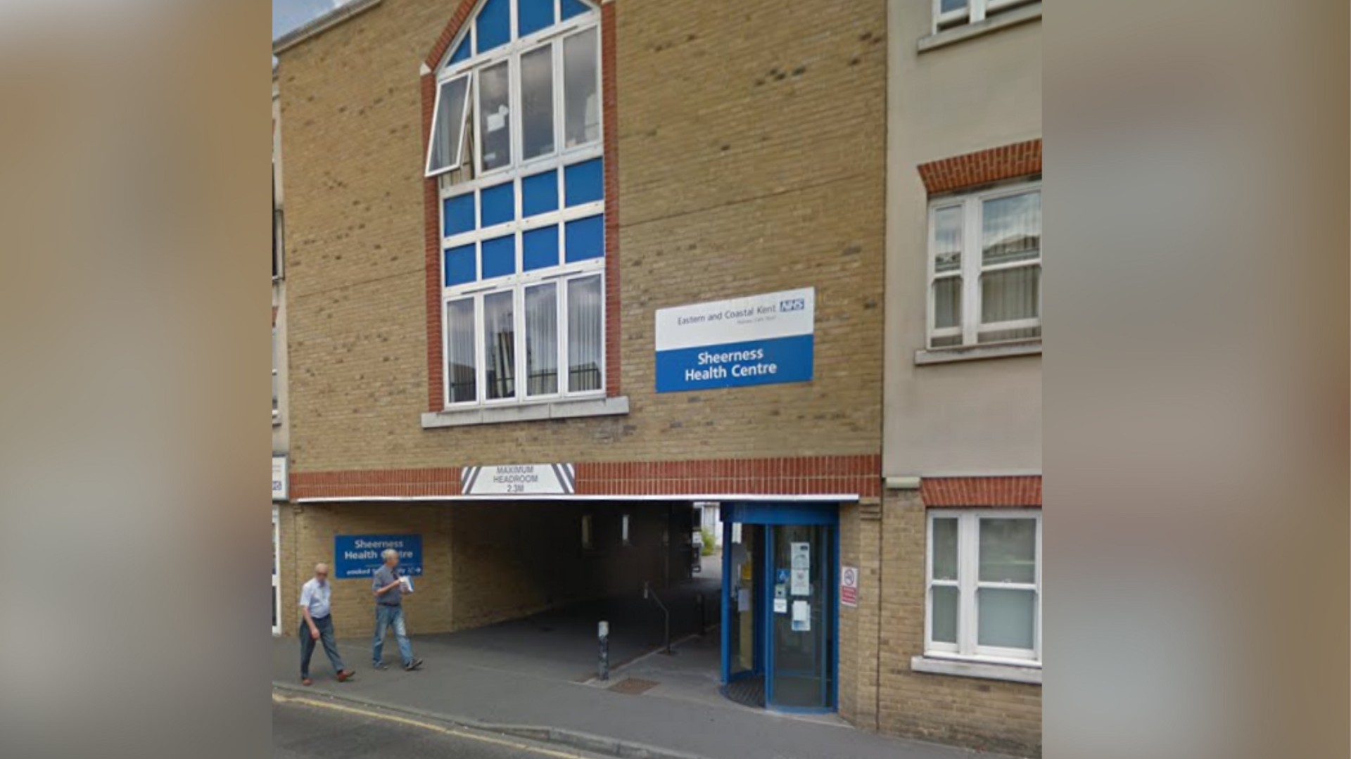 A Google map image of the Sheerness Health Centre, which has a blue entrance door on the right-hand side that leads upstairs to the practice.