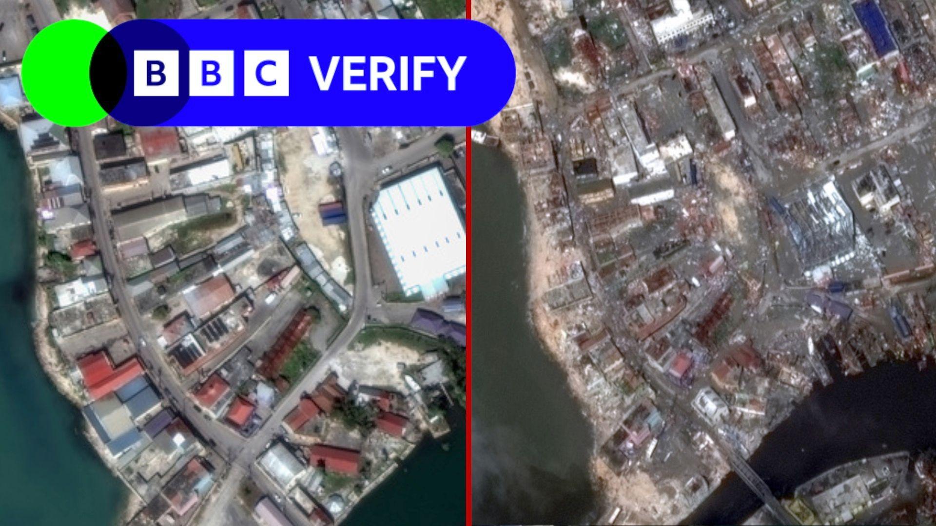 A split screen of satellite images of Black River from February on the left and from October on the right.