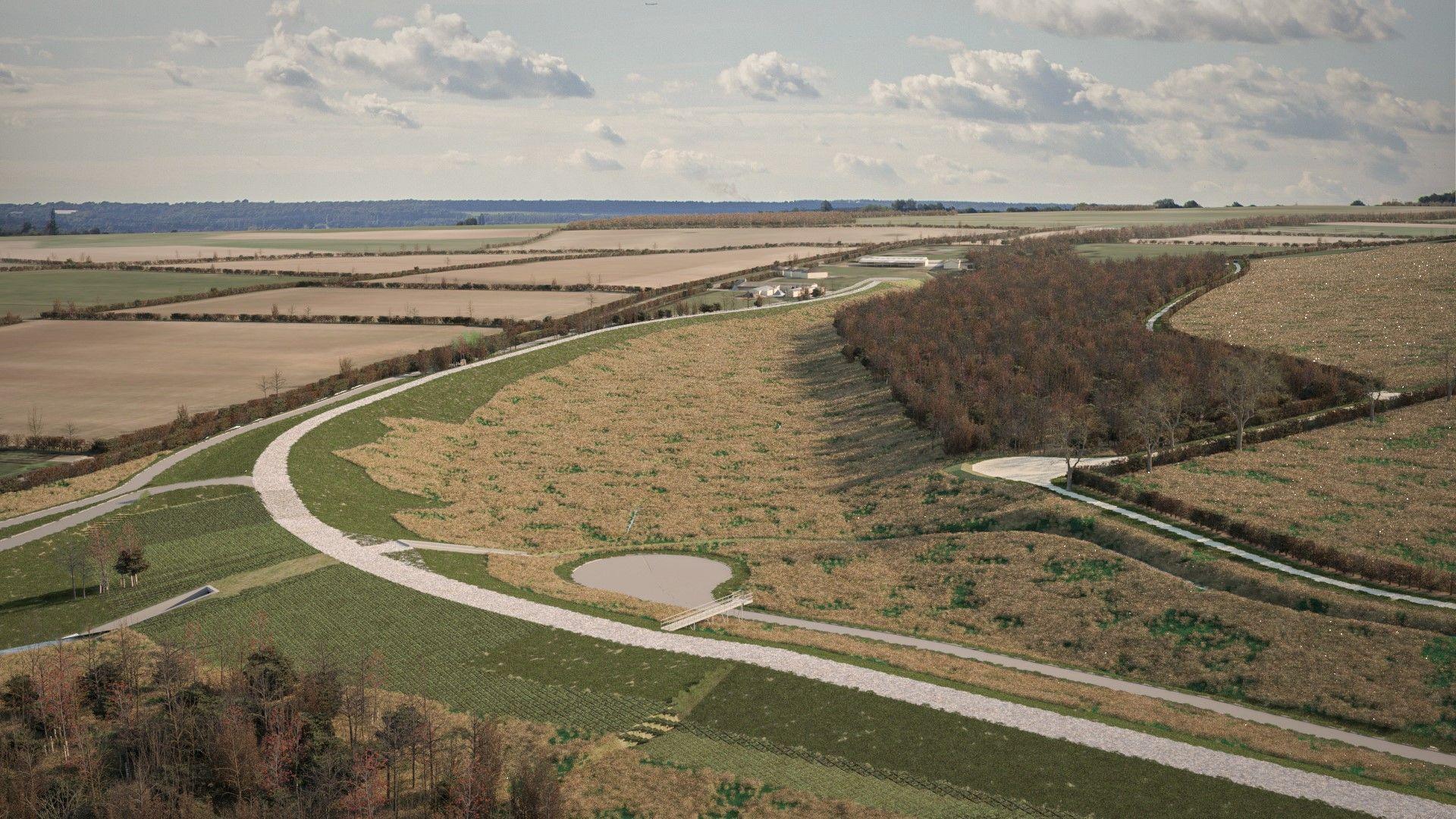 The image shows a flat green landscape where there are plans for a reservoir