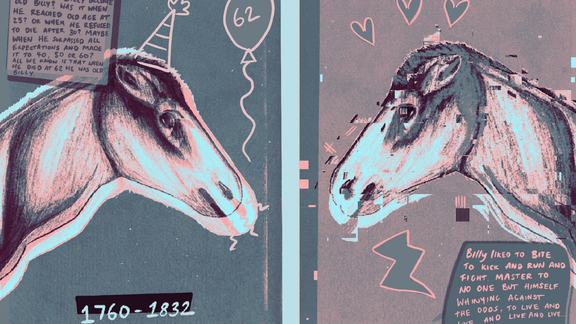 A grey and pink artwork showing two mirrored images of the head and shoulders of the horse Old Billy, one wearing a party hat and with a 62-numbered balloon and the other surrounded by love hearts and a lightning bolt