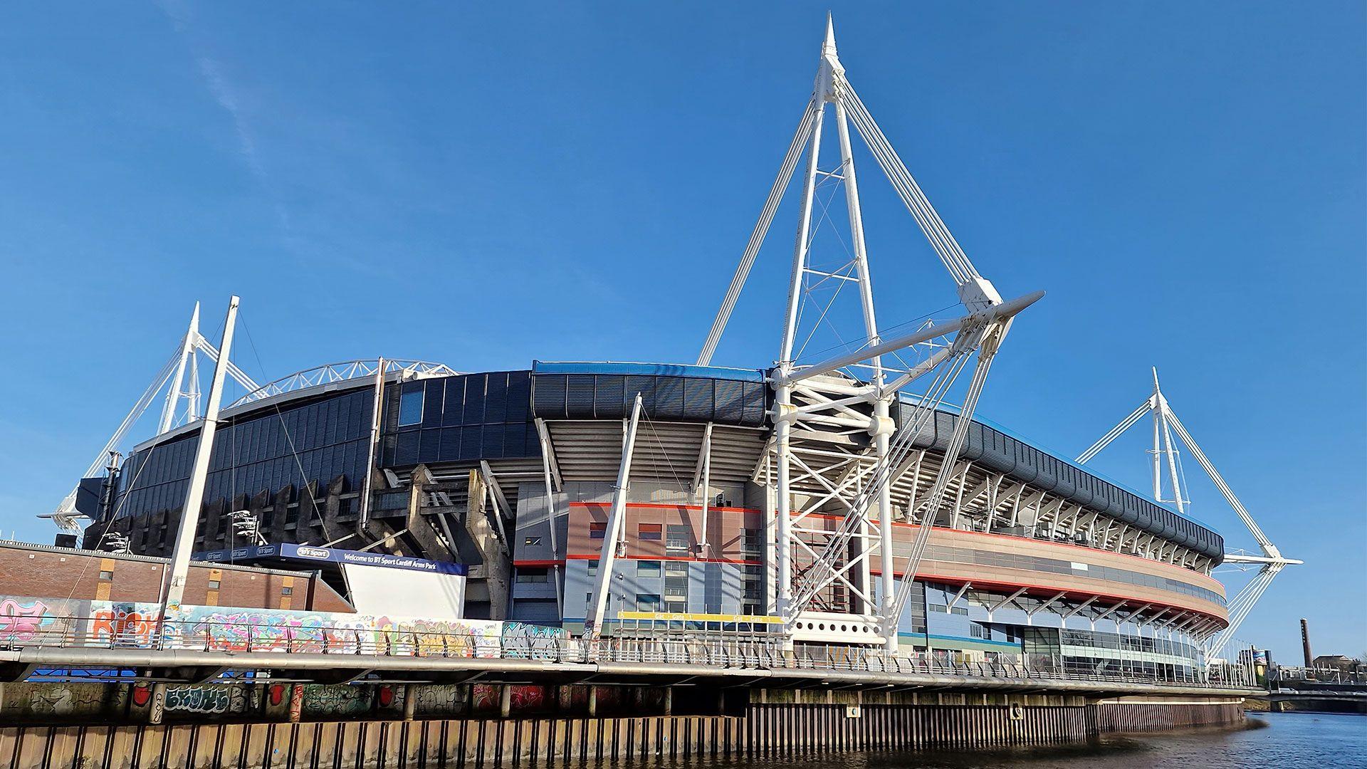 A football stadium in Cardiff, with four white scaffolds around a large arena
