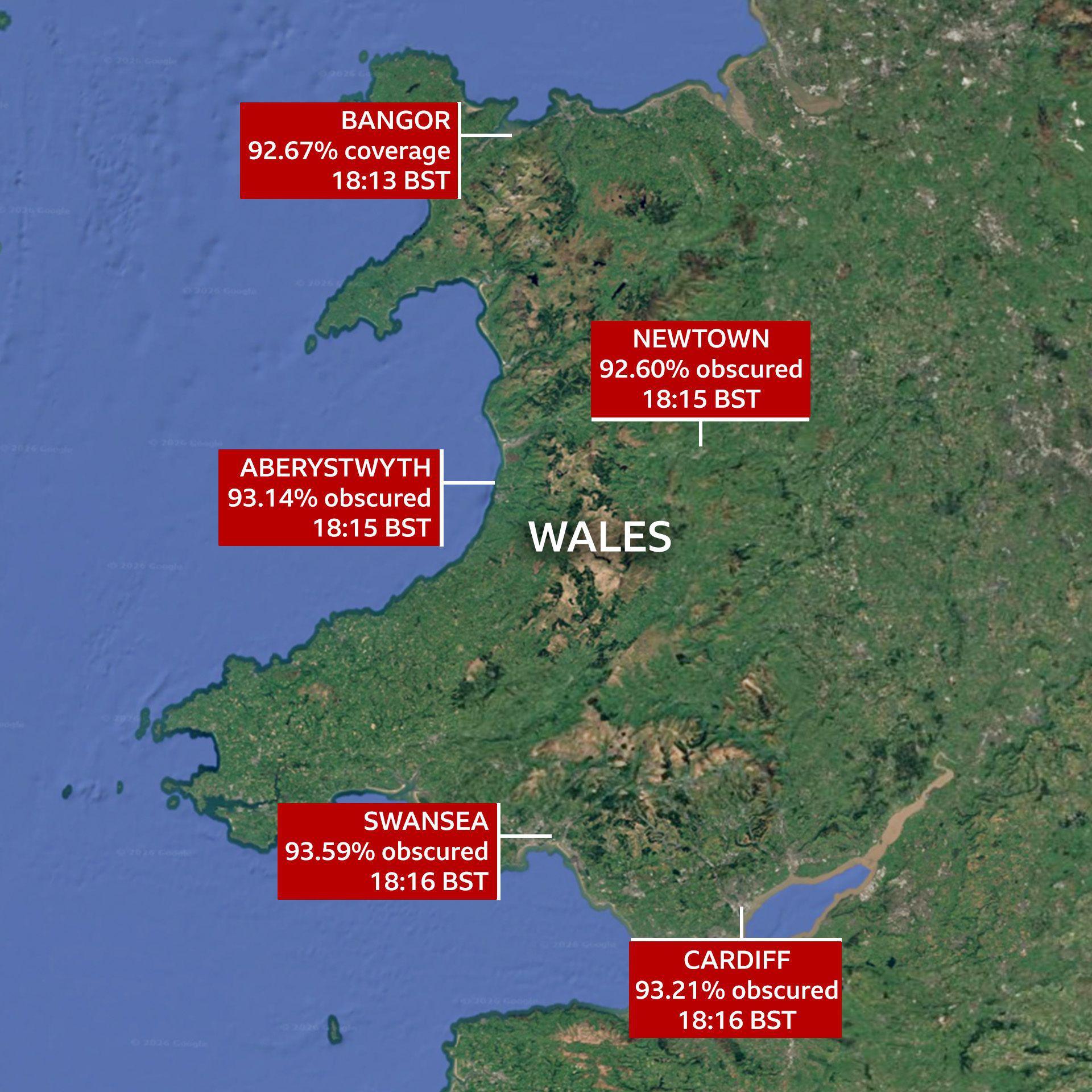 A map of Wales showing how visible the solar eclipse is across Wales.