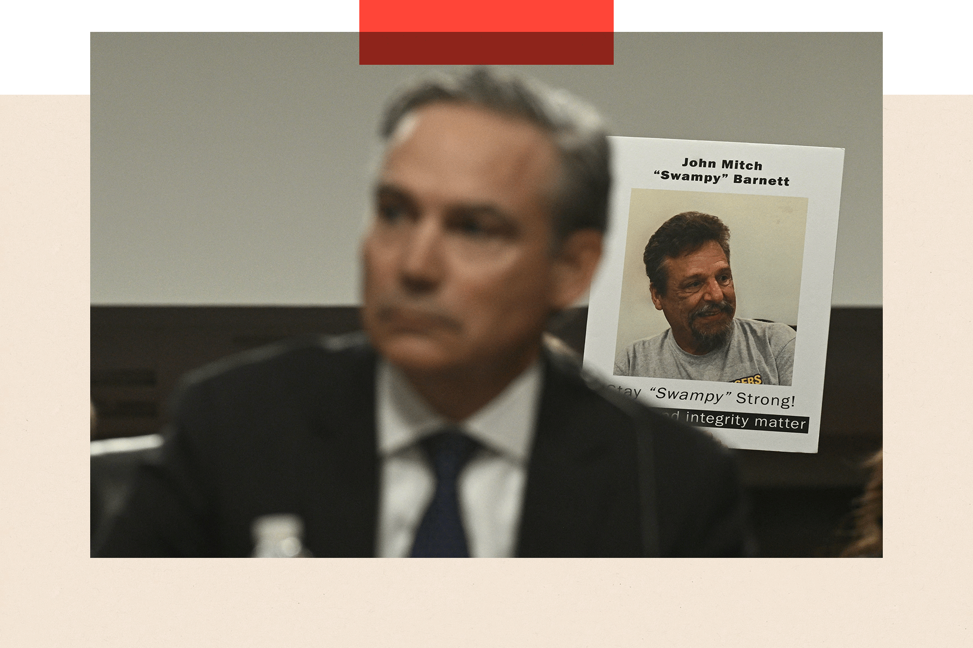 Supporters of the late Boeing whistleblower, John Barnett, protest as Boeing CEO Kelly Ortberg testifies before a Senate Committee on Capitol Hill in Washington DC on 2 April 2025.