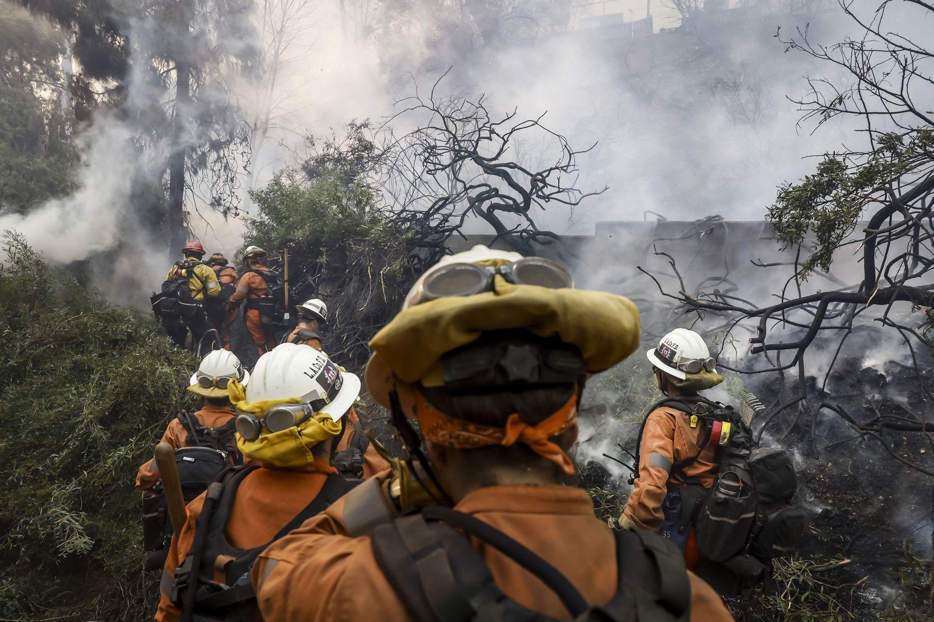 A close up view of a group of firefighters as they climb a smoky burnt hill with trees on it, in the Pacific Palisades.