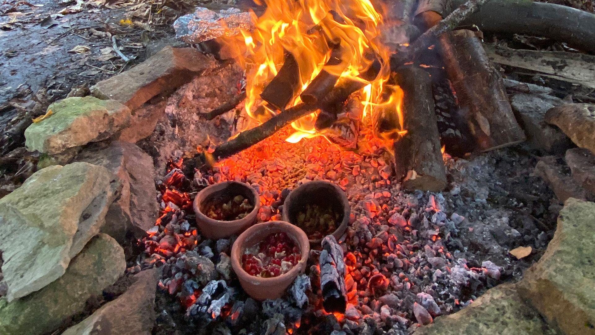 berries sit in three pots by a fire in the wilderness 