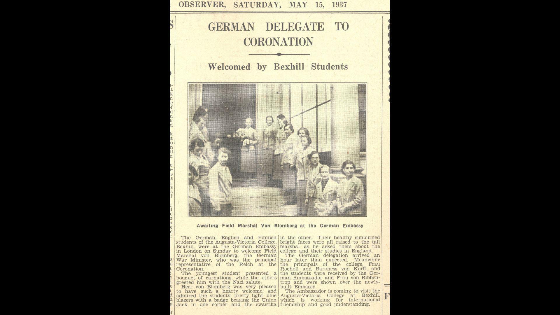 An old newspaper clipping by Bexhill Observer on 15 May 1937 which reported on the Augusta Victoria College students being invited to King George VI's coronation.