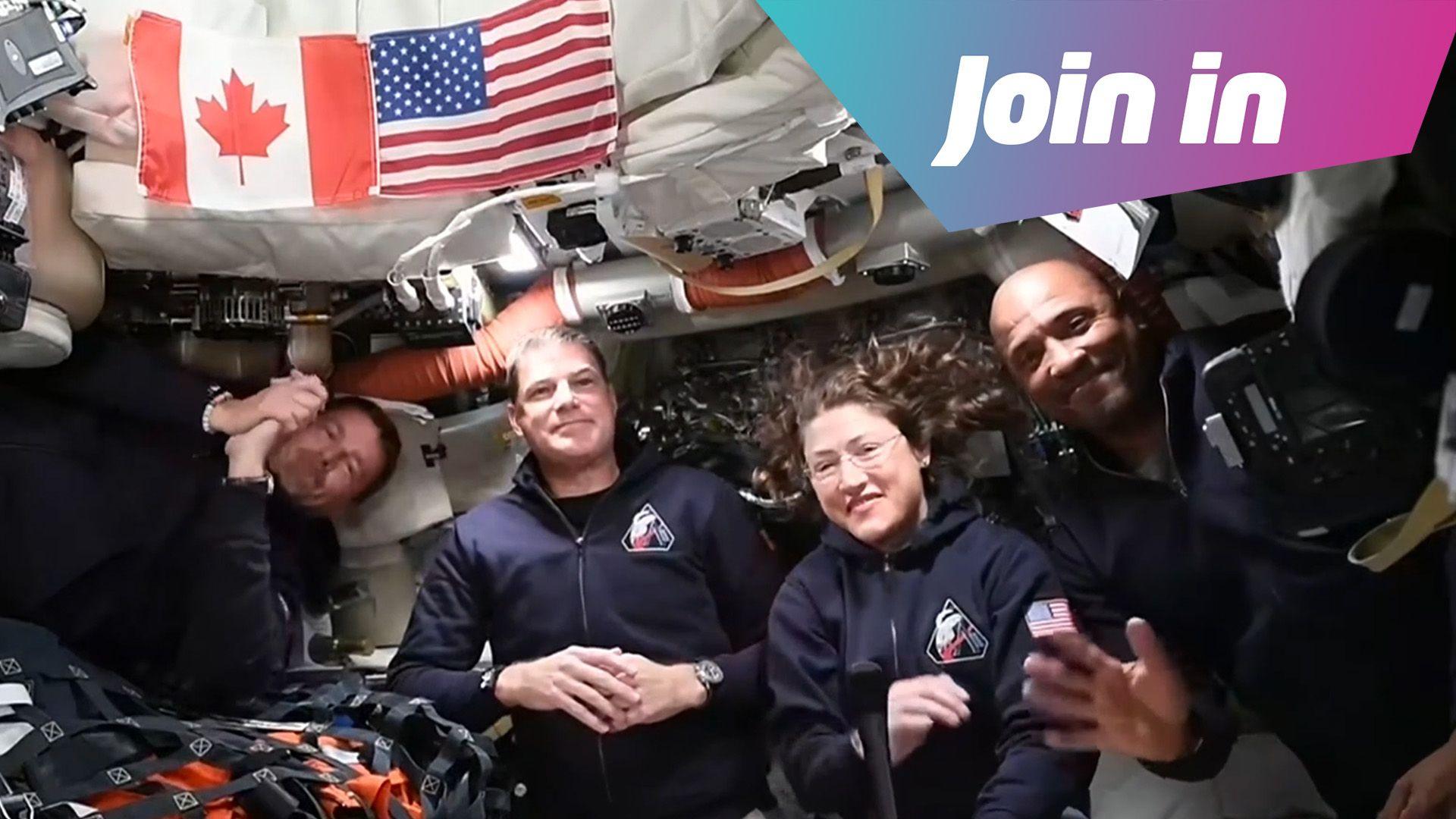 The Artemis II crew. L-R Jeremy Hansen, Reid Wiseman, Christina Koch and Victor Glover and a graphic that says Join in in the top right corner