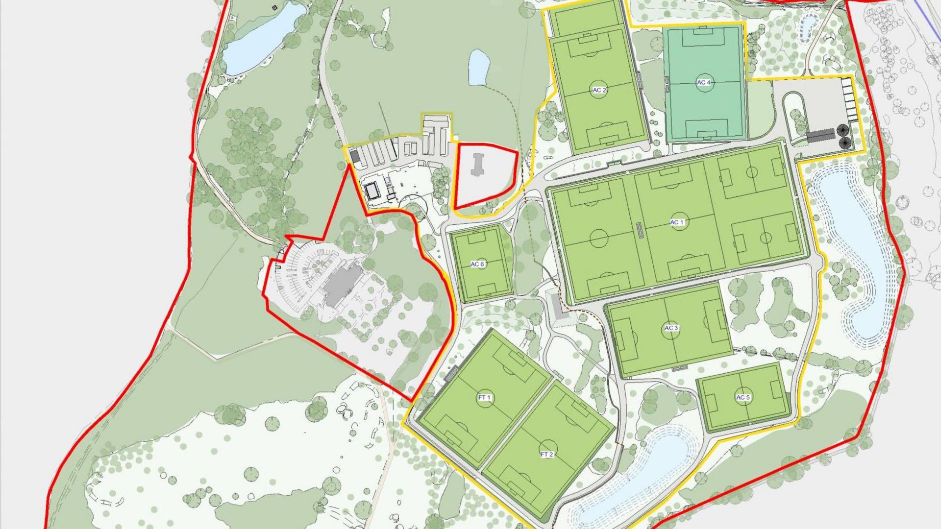 Architects plans of a drawing of the park from above, with the edges of the proposed site lined in red - with 11 football pitches visible, and other highlighted areas, within a red boundary, in the park.