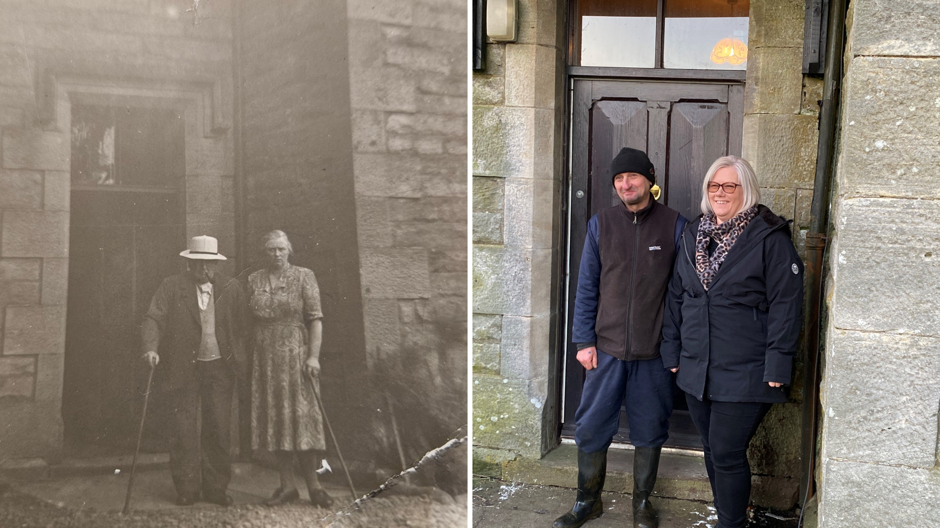 One one side you see an elderly couple, probably taken in the 1940s or 1950s, on the other side of the picture are Shona and Scott Anderson. They are standing in the same spot several decades apart