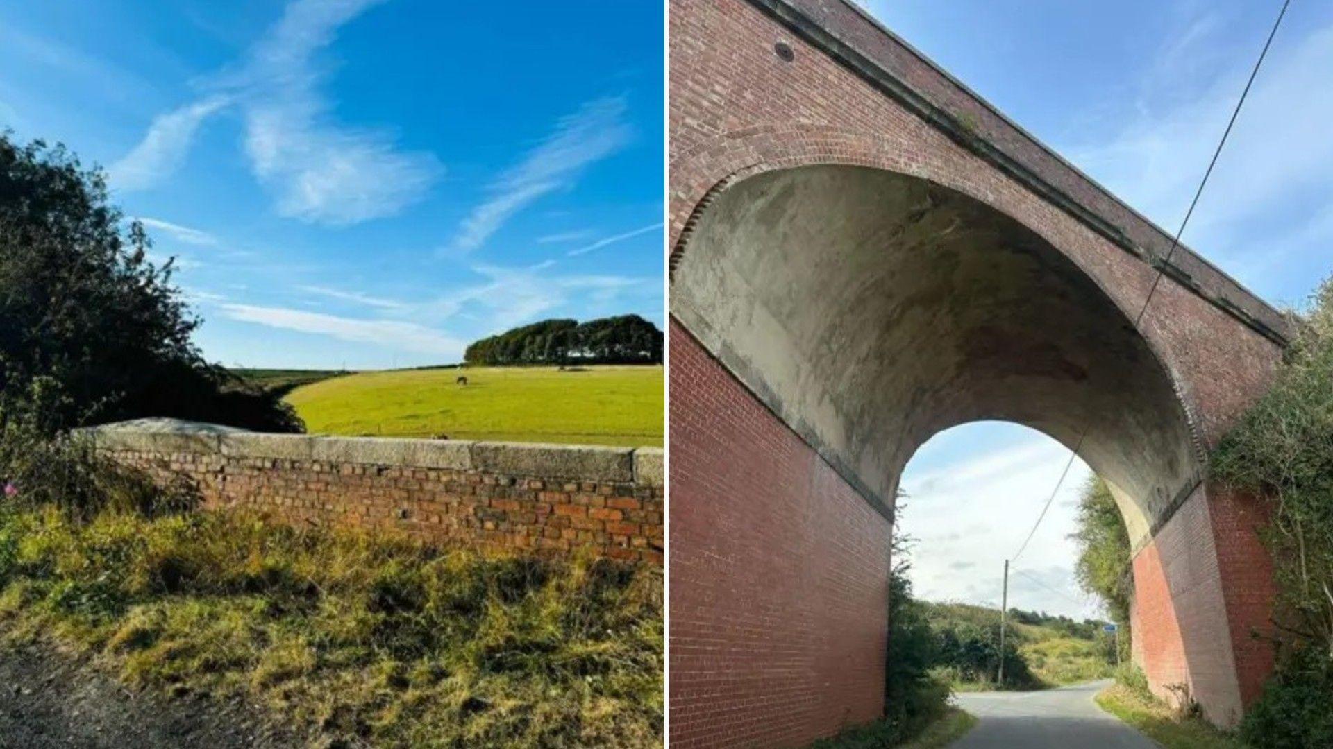 Composite image. One shows the track at the top of the bridge running alongside a wall with fields in the distance. The other shows the bridge from below and a narrow road which runs under it.