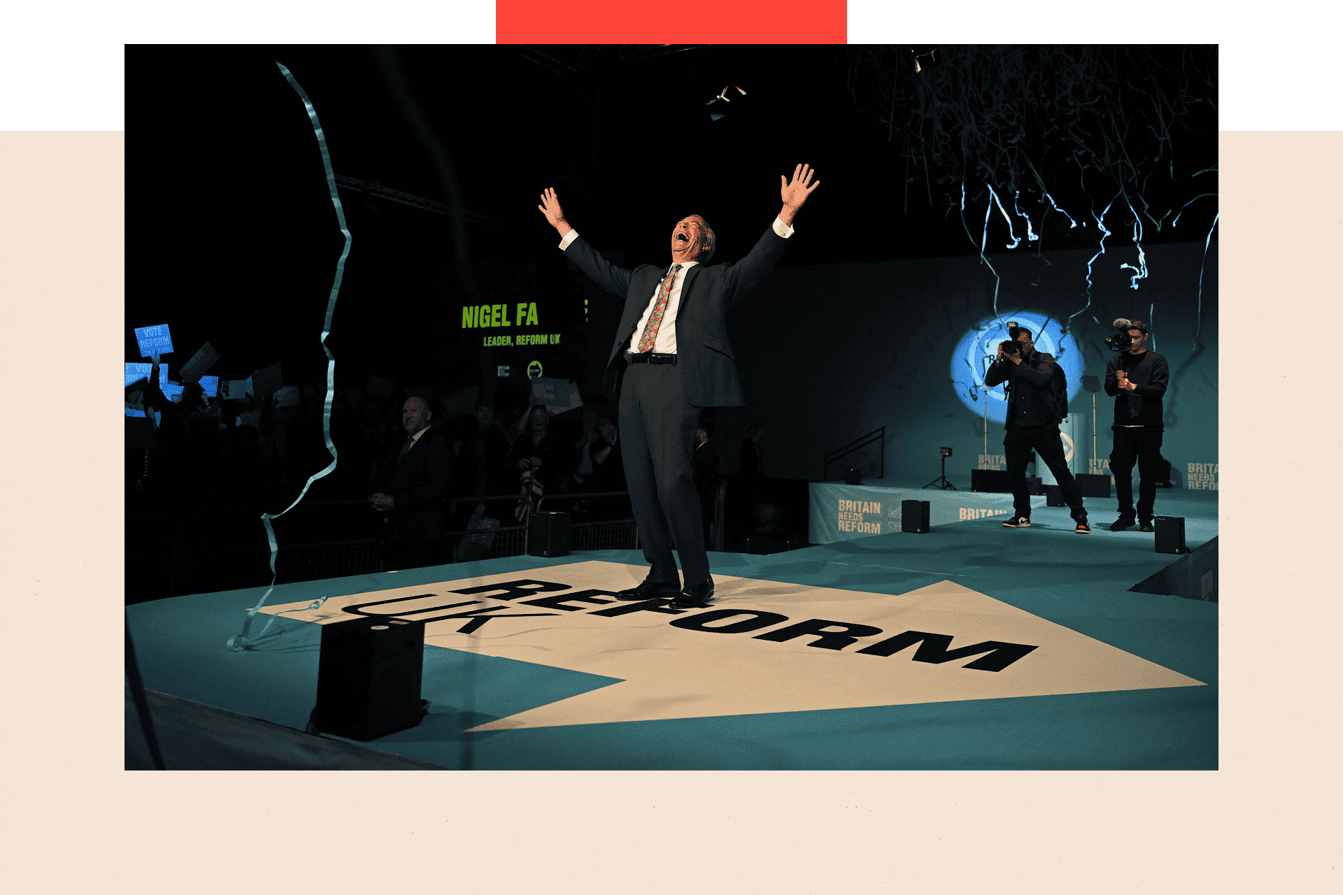 Party streamers come down as Reform UK leader Nigel Farage celebrates on stage