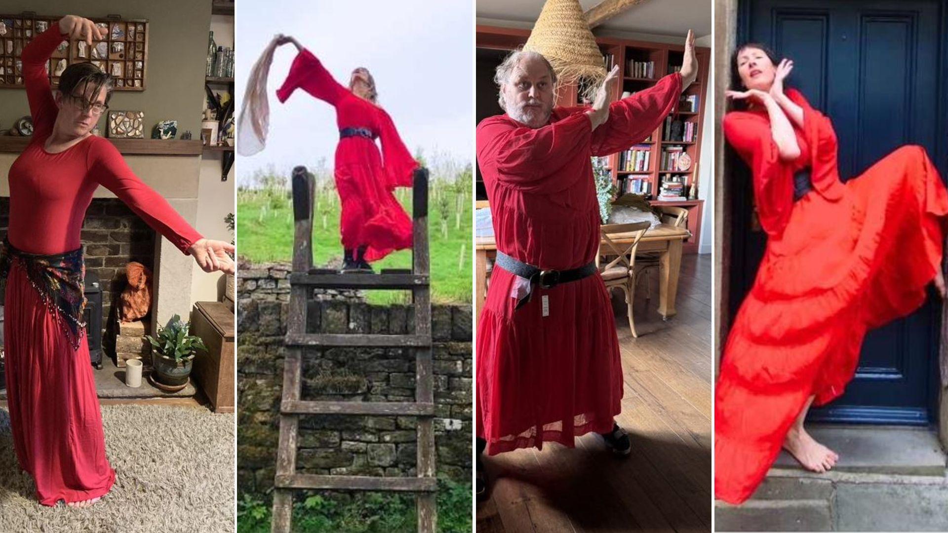 Four people in red outfits in Kate Bush-esque poses.