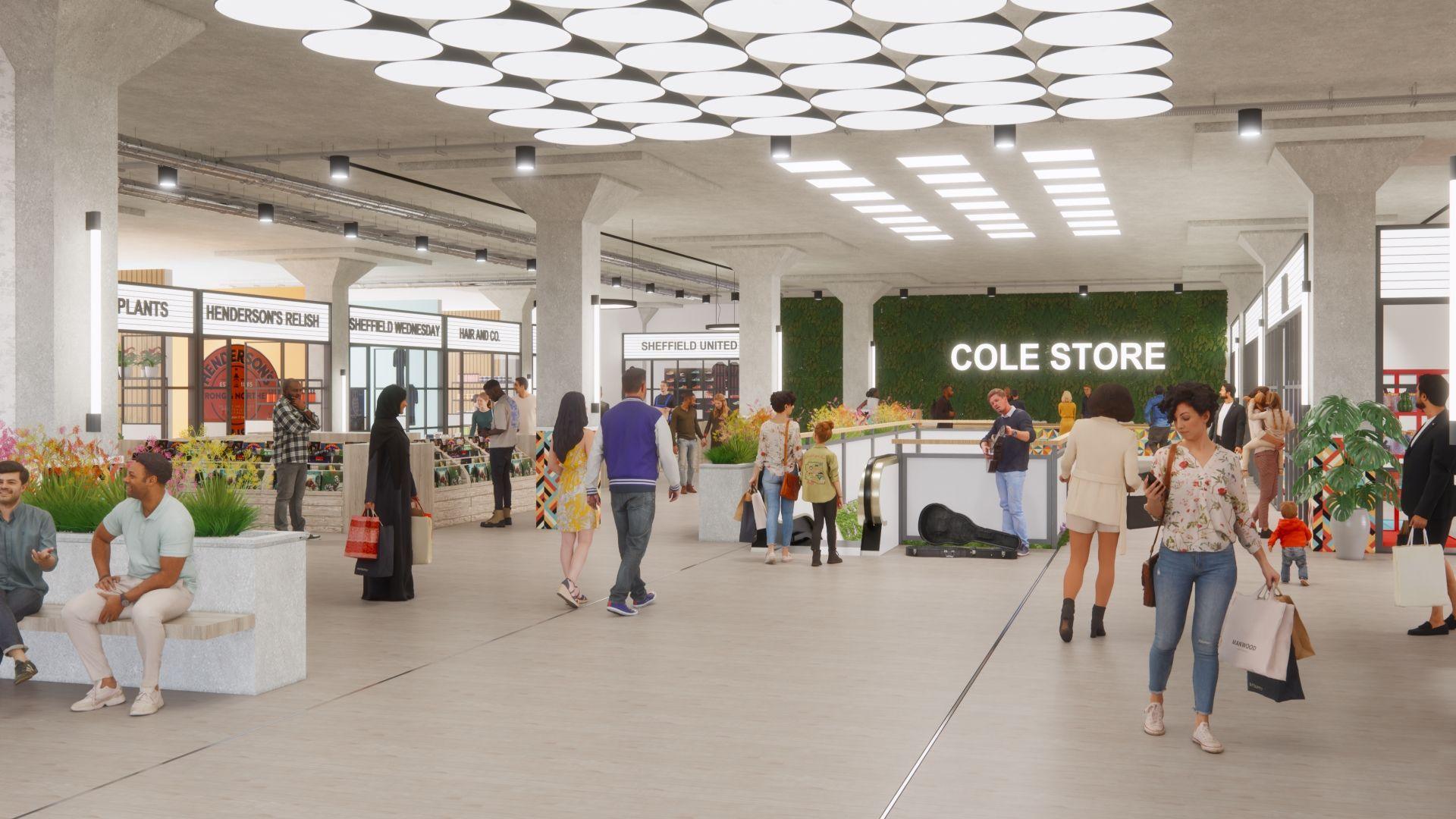 People walking inside a building which has shops and seating areas