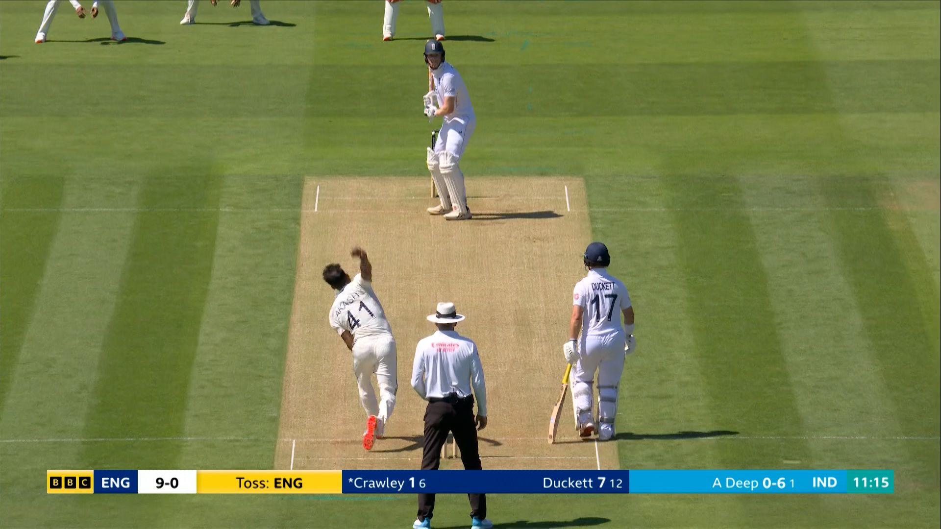 Zak Crawley off-stump guard against Akash Deep in third Test