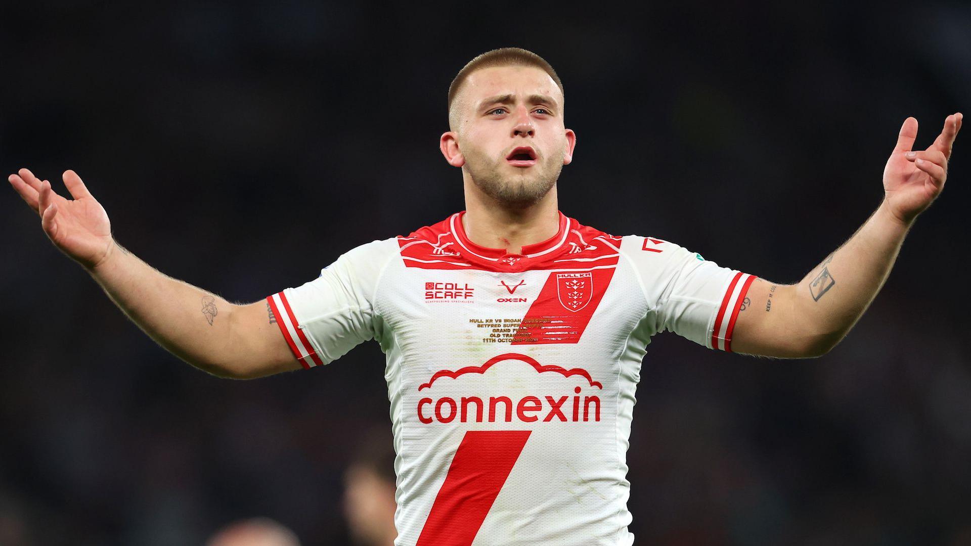 Mikey Lewis celebrates his try in the 2025 Super League Grand Final
