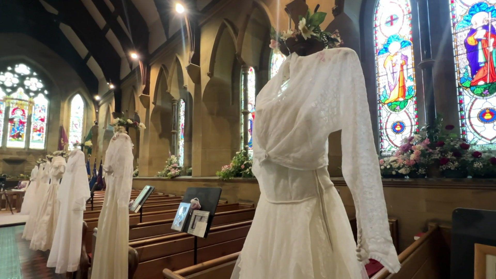 The dress worn by Rita Wilson, who got married at the church in 1956, which is the oldest in the exhibition. It has long sleeves