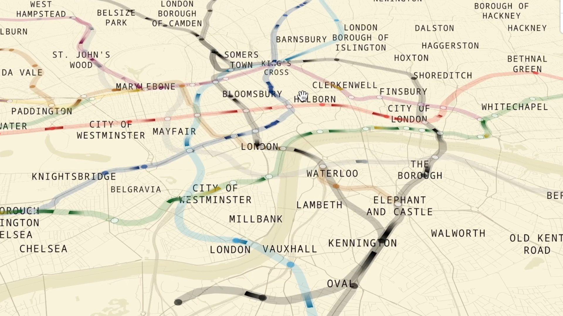 A virtual map showing various stations and colourful Tube lines