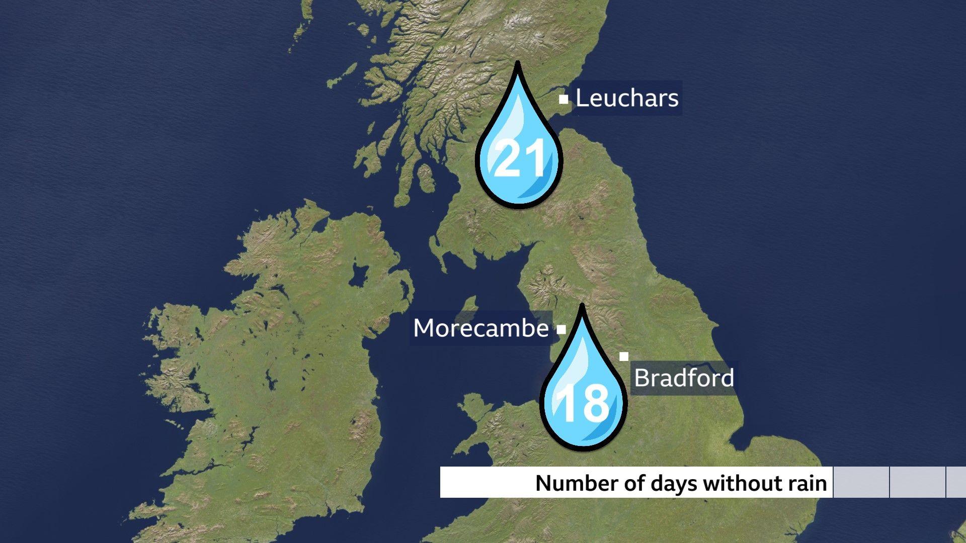 Map showing Leuchars has had 21 days without rain and Morecambe and Bradford have had 18 days without rain