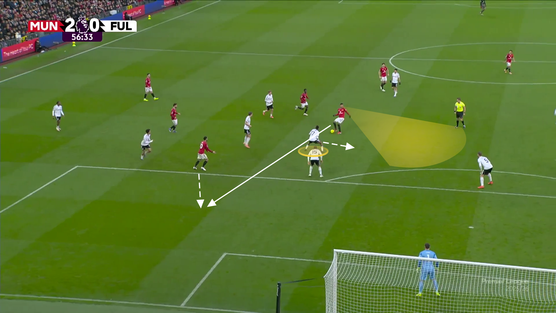 Screengrab of Casemiro looking in a different direction to where he played the pass for Cunha's goal against Fulham.
