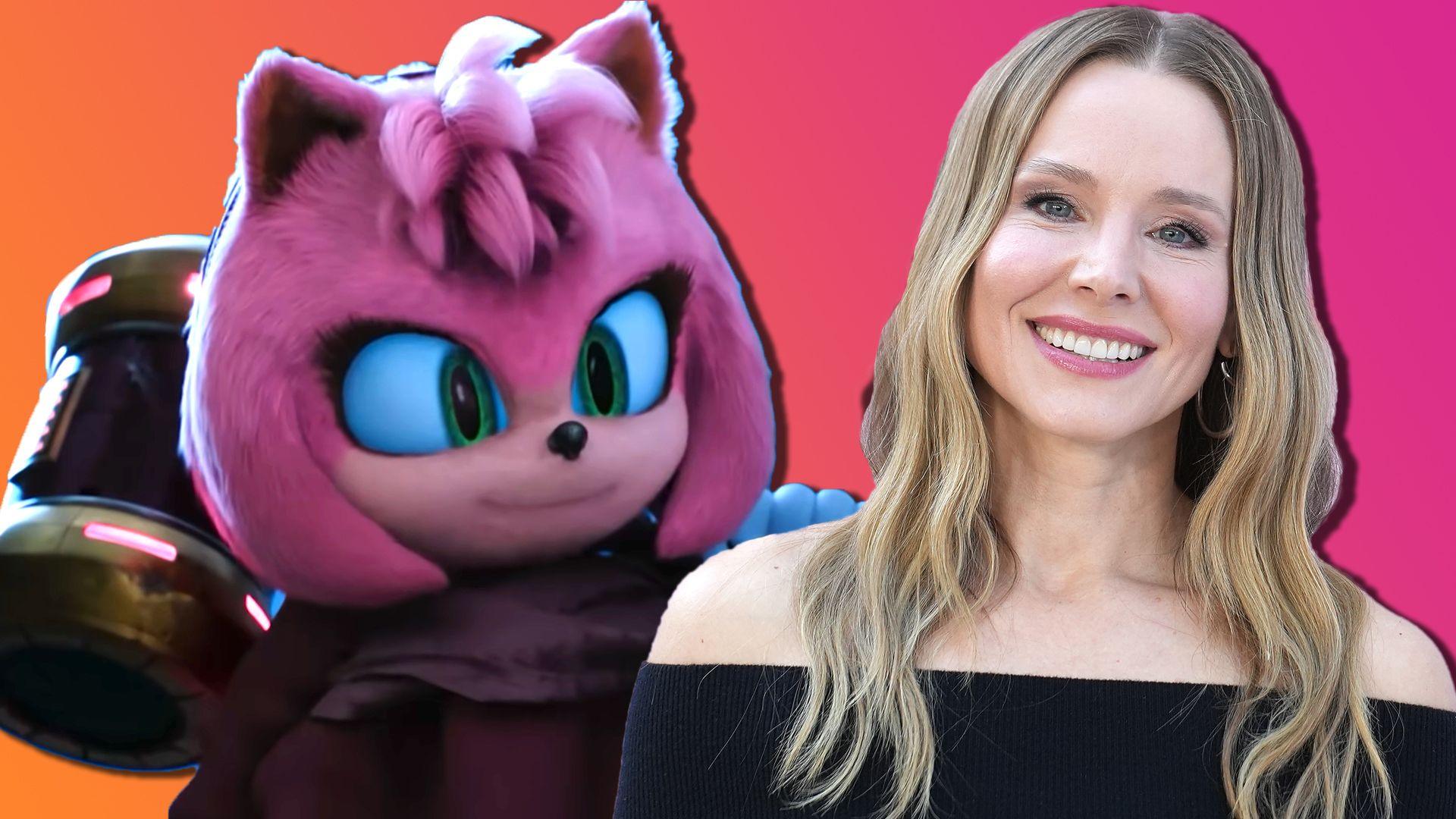 Amy rose in the sonic movie and Kristen Bell smiling