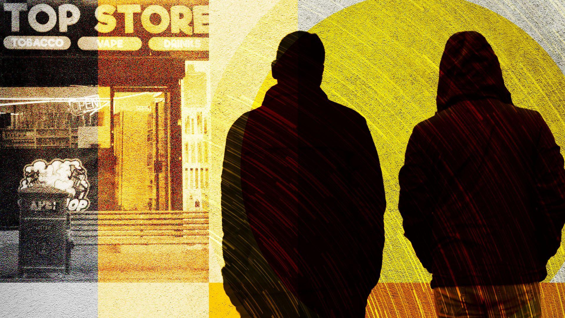 A composite image with a yellow filter. On the left is a grainy image of a mini-mart shopfront, with a bold sign which reads "Top Store". The words "tobacco" and "vape" are also visible beneath it. On the right are two shadowy figures with their backs to the camera.