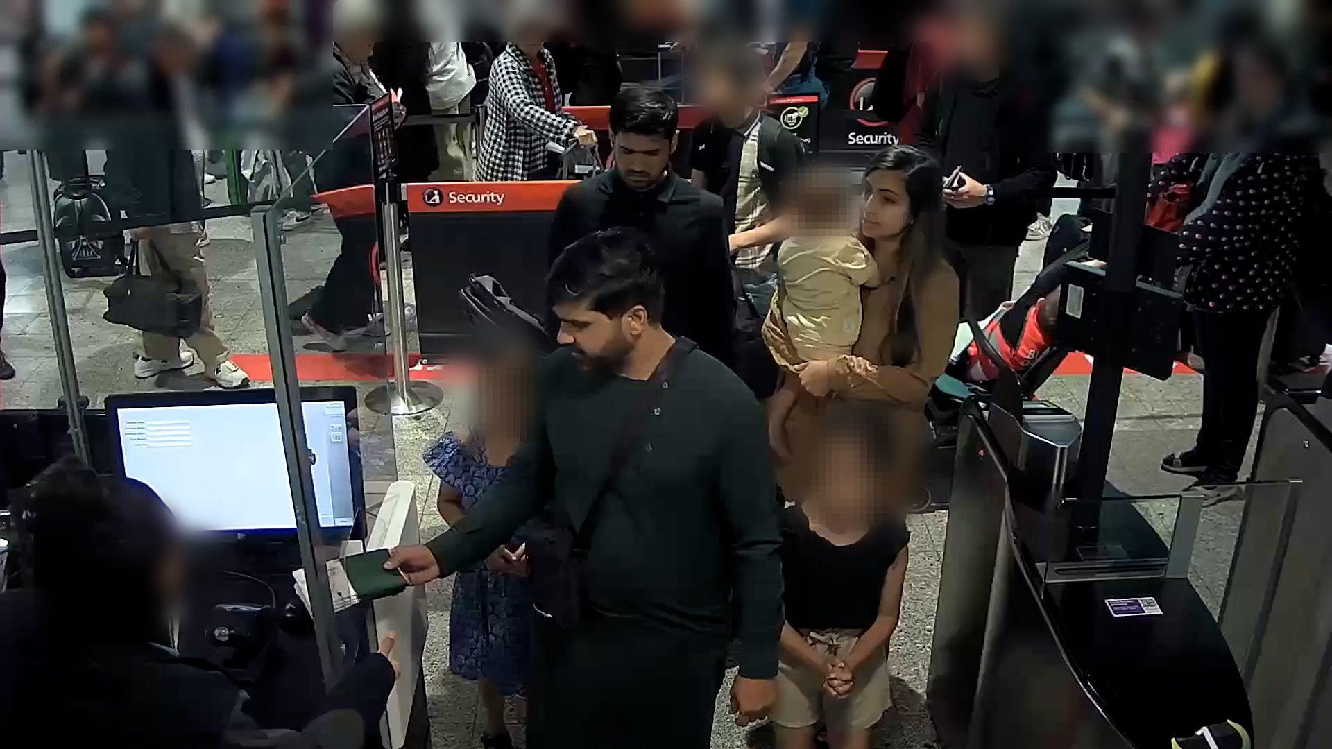 CCTV images of Urfan Sharif, Beinash Batool and Faisal Malik at Heathrow Airport