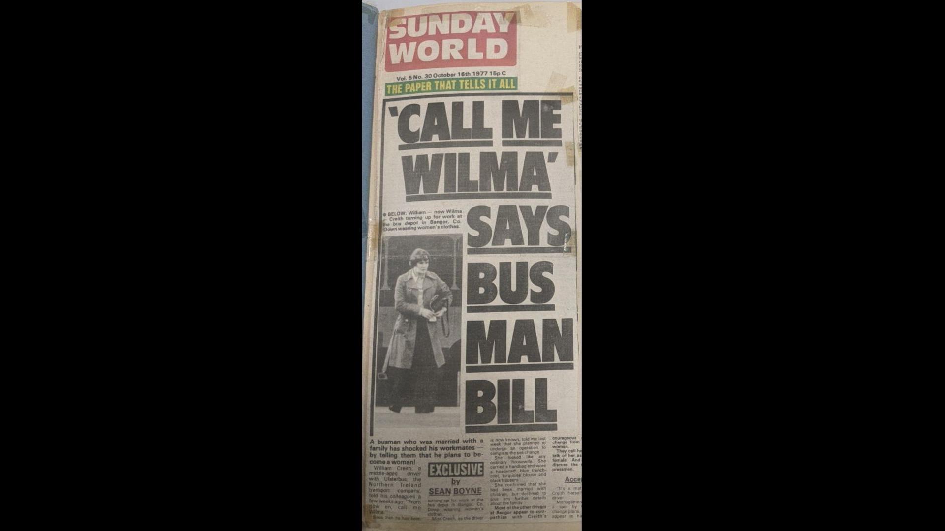 A front page news story from the Sunday World in 1977 reading "Call me Wilma, says bus man bill". 