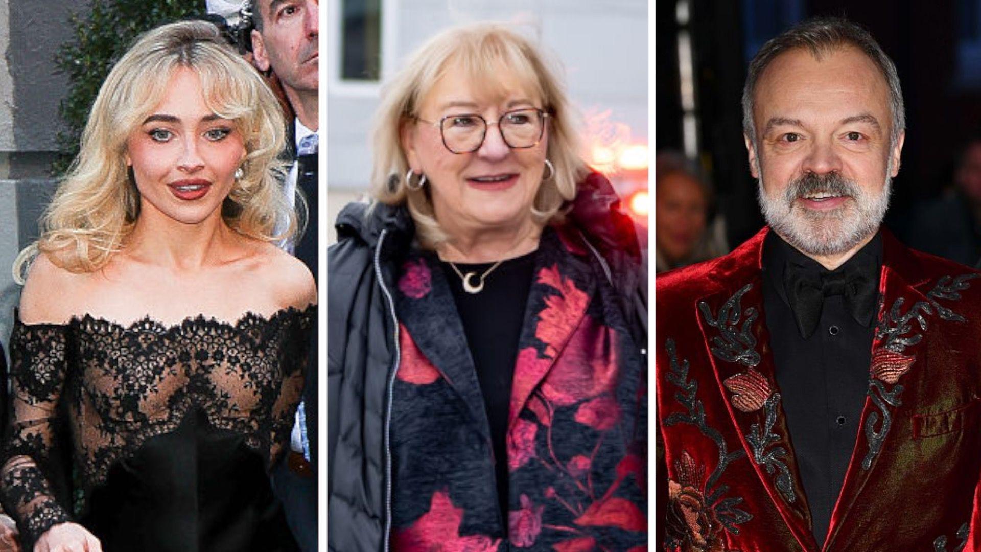 A composite image showing Sabrina Carpenter, Donna Kelce and Graham Norton