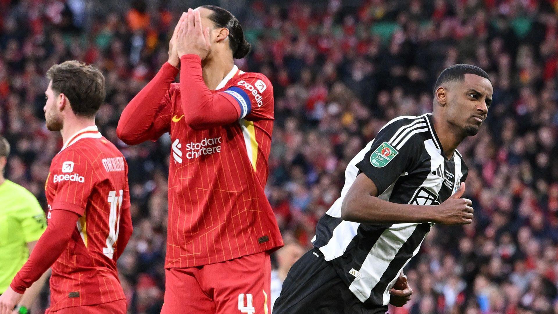 Alexander Isak in action for Newcastle United against Liverpool, running away from Virgil van Dijk, whose hands cover his own face