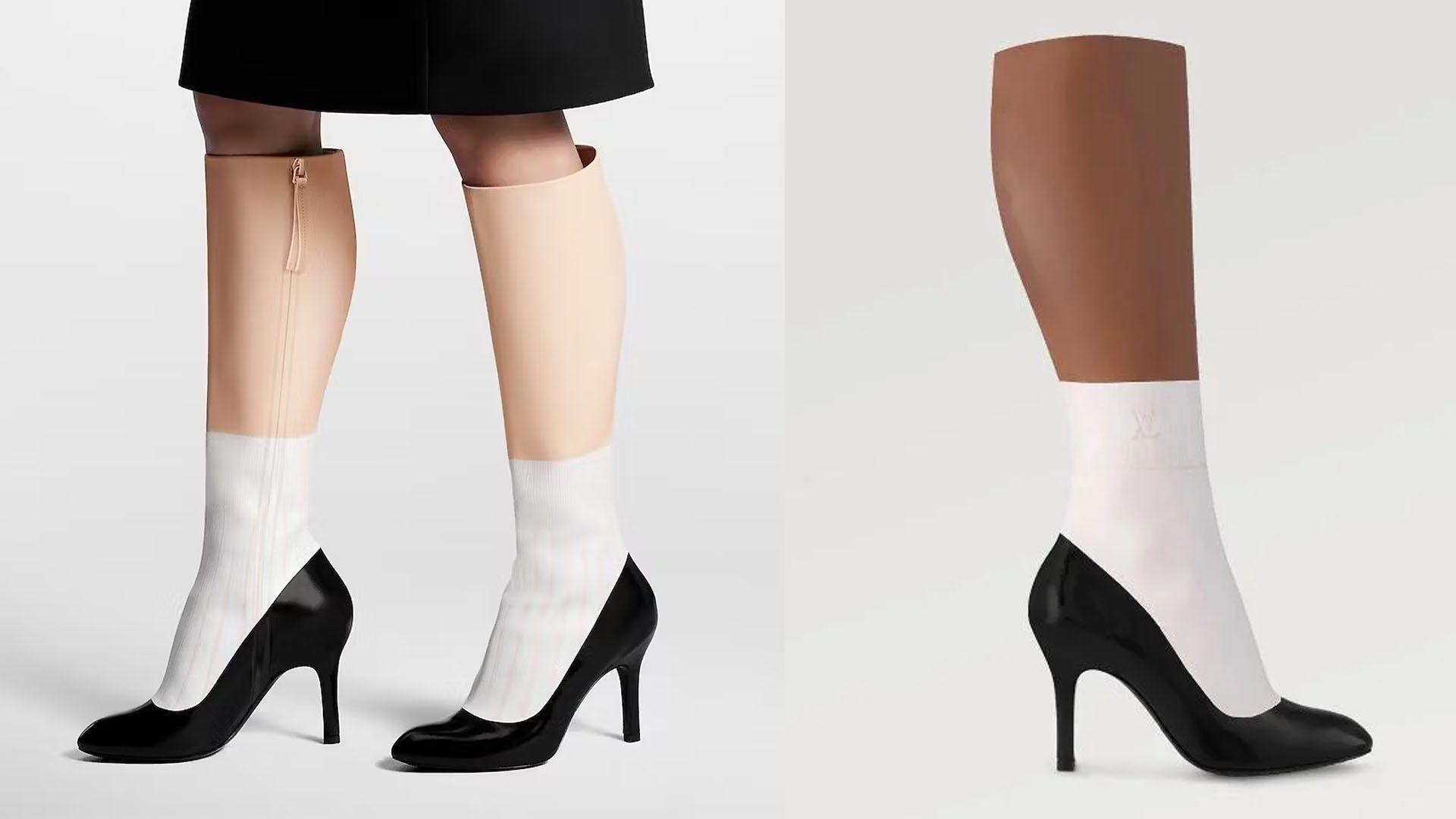 boots that look like a leg with socks and heels