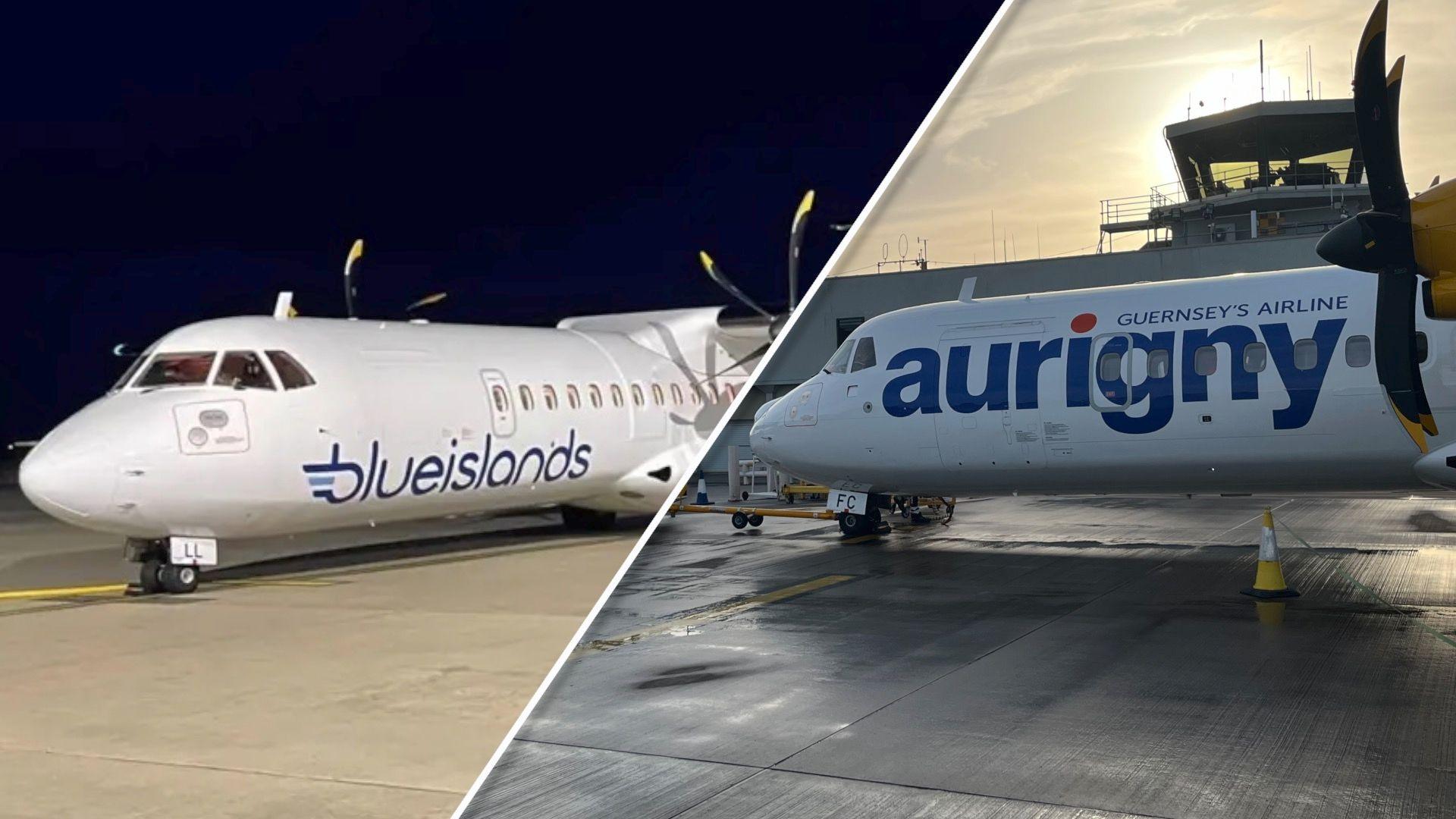 An Aurigny plane with a propellor on the right, with the sun rising above the air traffic control tower. With a white Blue Islands plane with two propellors on the left. 