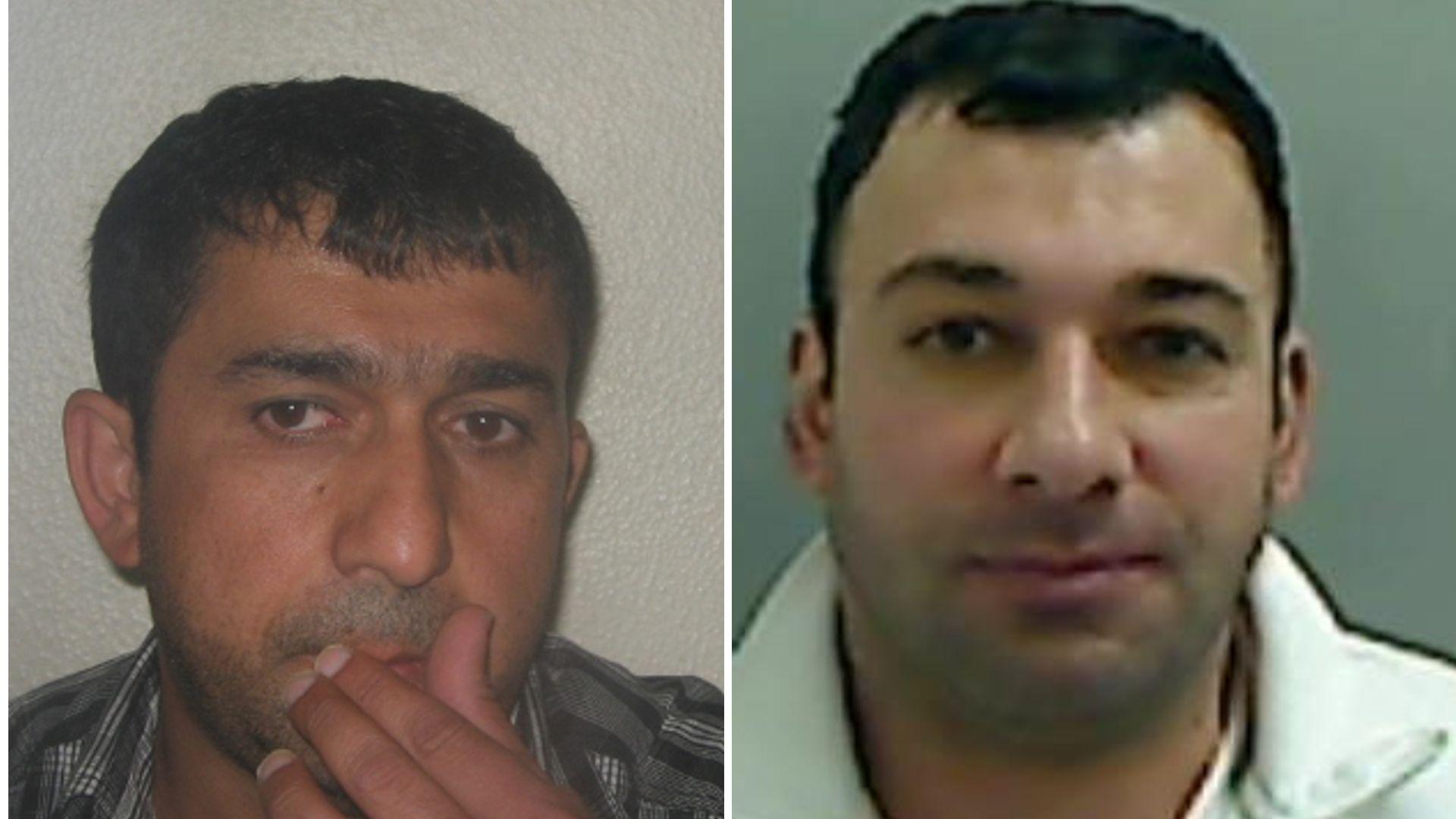 Khalid Mahmud and Beston Moslih; mugshots of two men, one with dark hair, holding a hand up partially covering his mouth, the other with dark hair, stubble and a white jacket