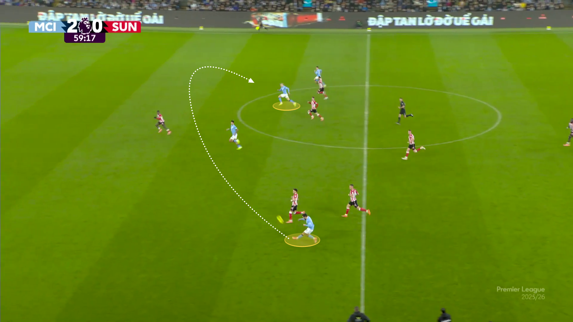 Screengrab of Cherki playing a lofted through ball on a counter attack to Erling Haaland vs Sunderland.