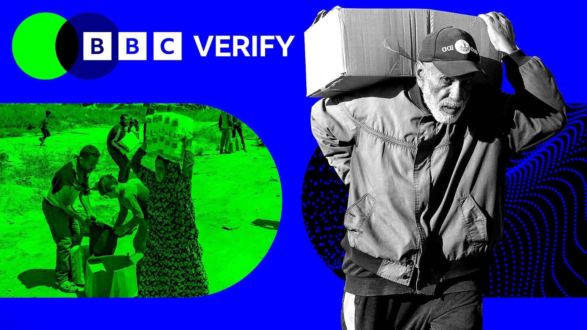 An elderly man carries a box of aid from a distribution centre, while another image shows a family carrying supplies from the site. Both images have been superimposed over the BBC Verify colours and the logo.