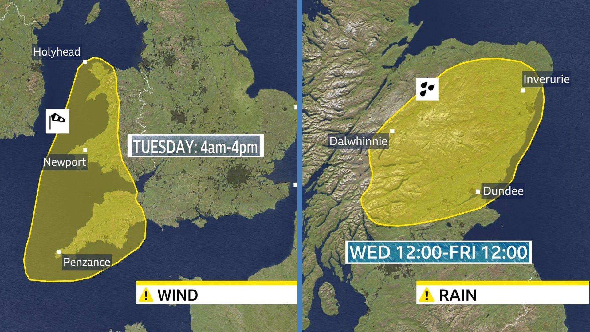 Two maps showing areas of UK weather warnings this week.