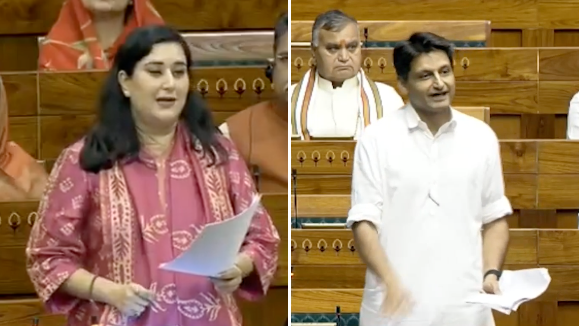 Bansuri Swaraj (left) and Deepender Hooda (right) making statements in the parliament