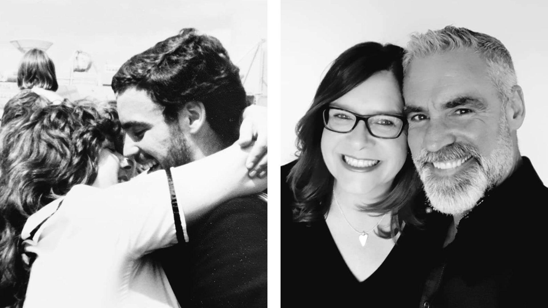 A side-by-side image of Julie and Brad Francis, with a photo black and white photo from when he disembarked in 1982 to how the couple look today. 