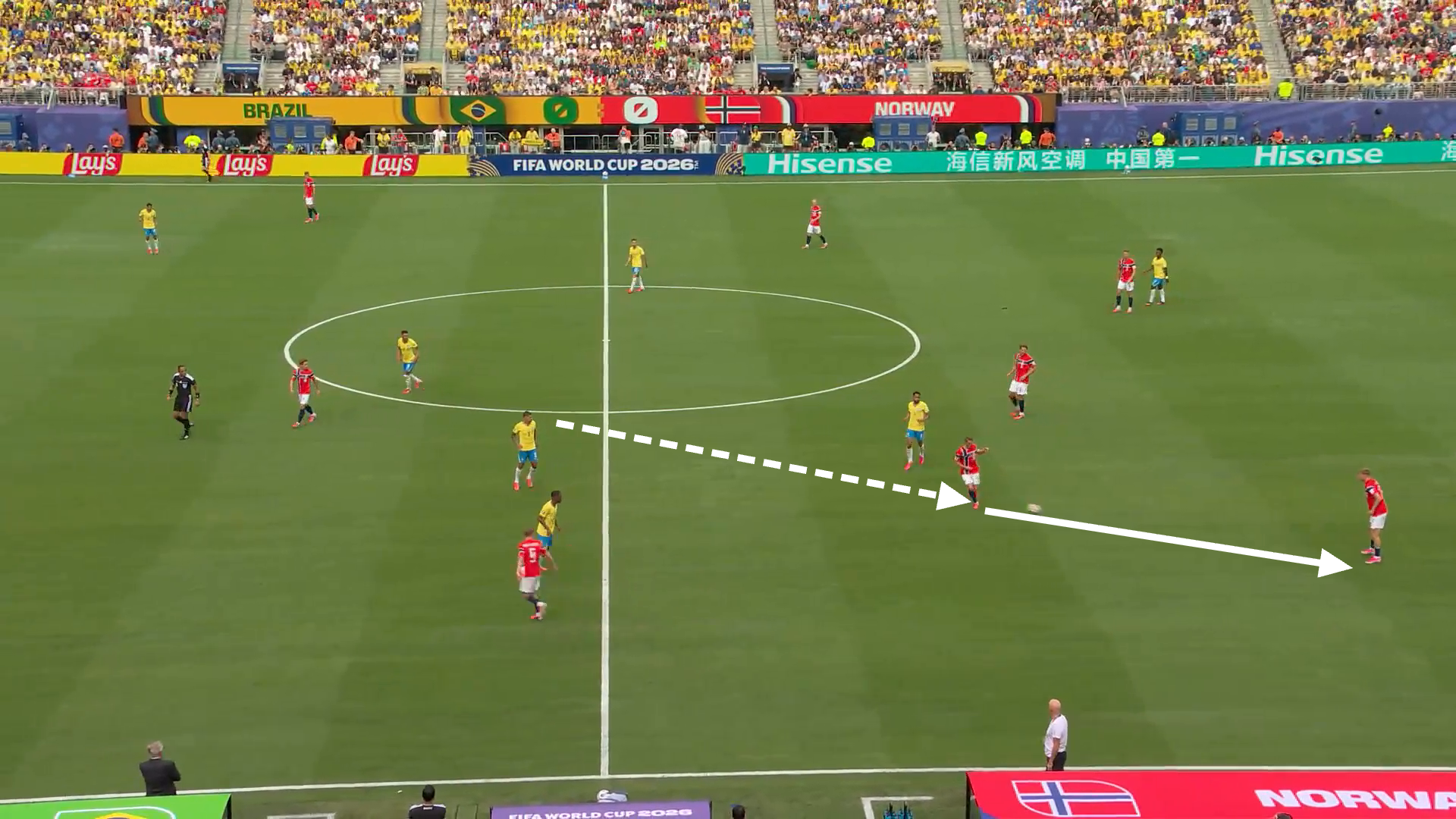 Screen grab from Norway vs Brazil showing Odegaard dictating play after dropping deep.
