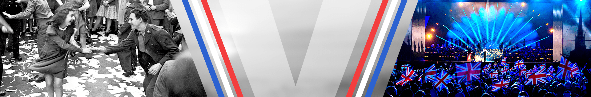 A banner with two images of people celebrating VE Day in different time periods, one is black and white and the other is in colour.