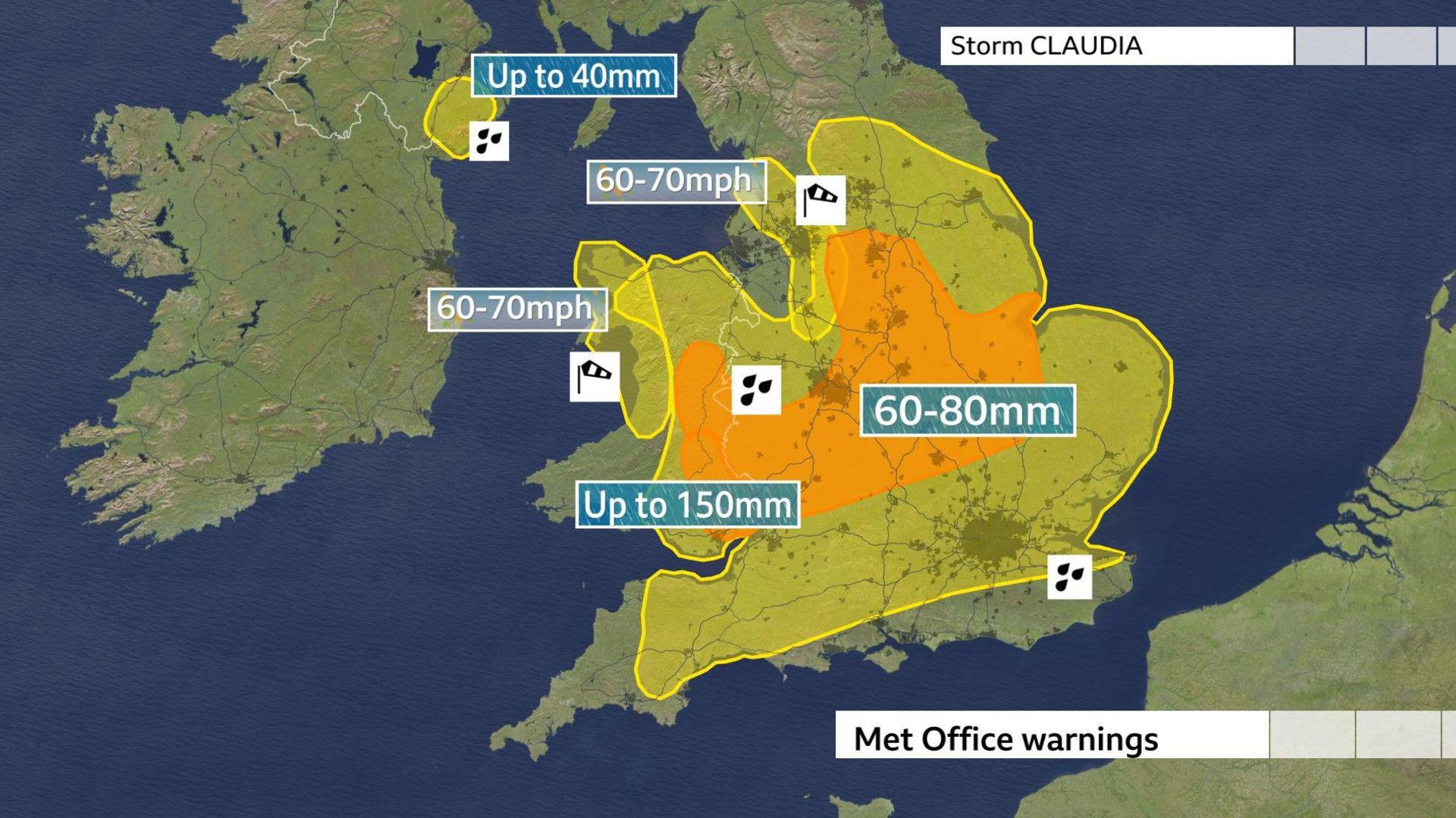 59. 60-80mm is expected widely with up to 100-150mm over higher ground in parts of east Wales.  Additional yellow area in southeast Northern Ireland with rain up to 40mm