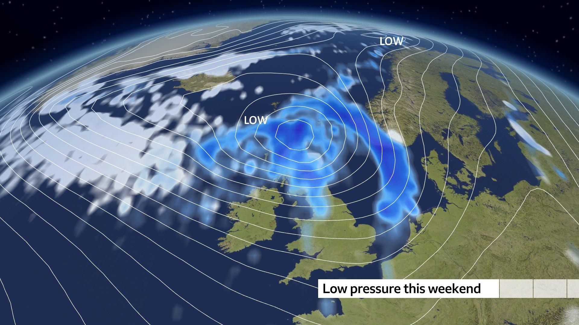 A weather map of the UK and northwest Europe indicating a low pressure system with isobars and spells of rain moving across the UK.