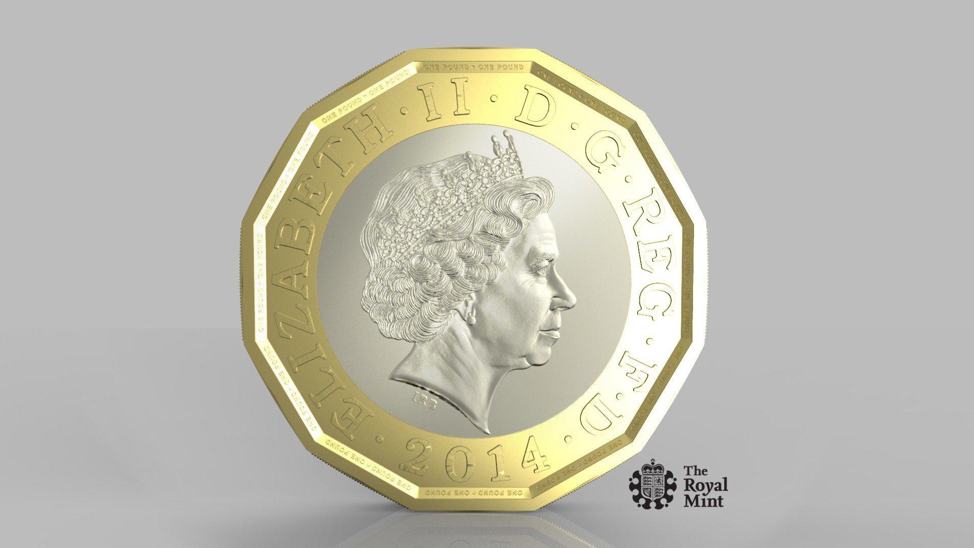 The new pound coin design. A twelve sided coin in gold, with a silver disc inset. The Queen features prominently.