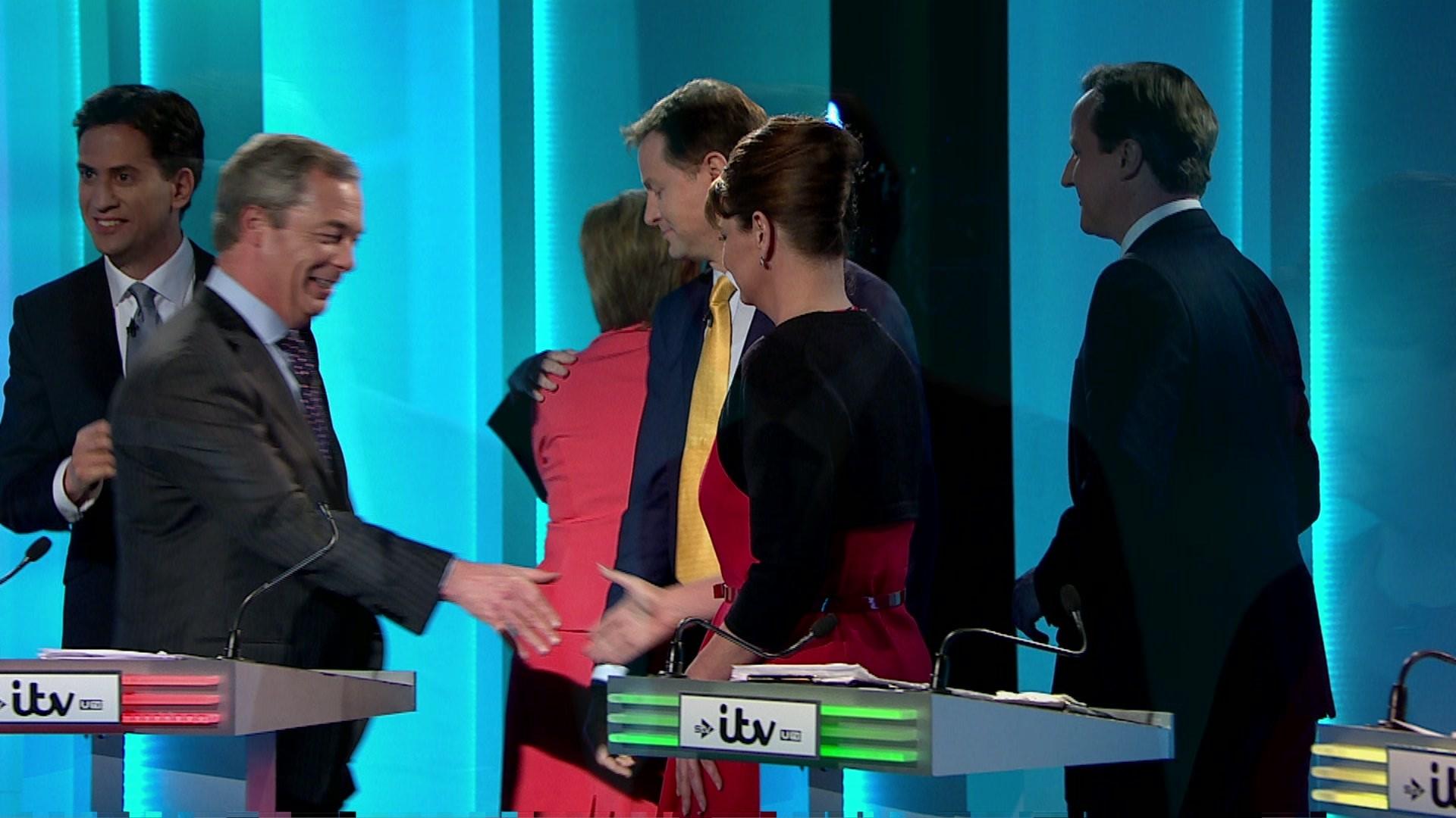 The leaders shake hands after the debate