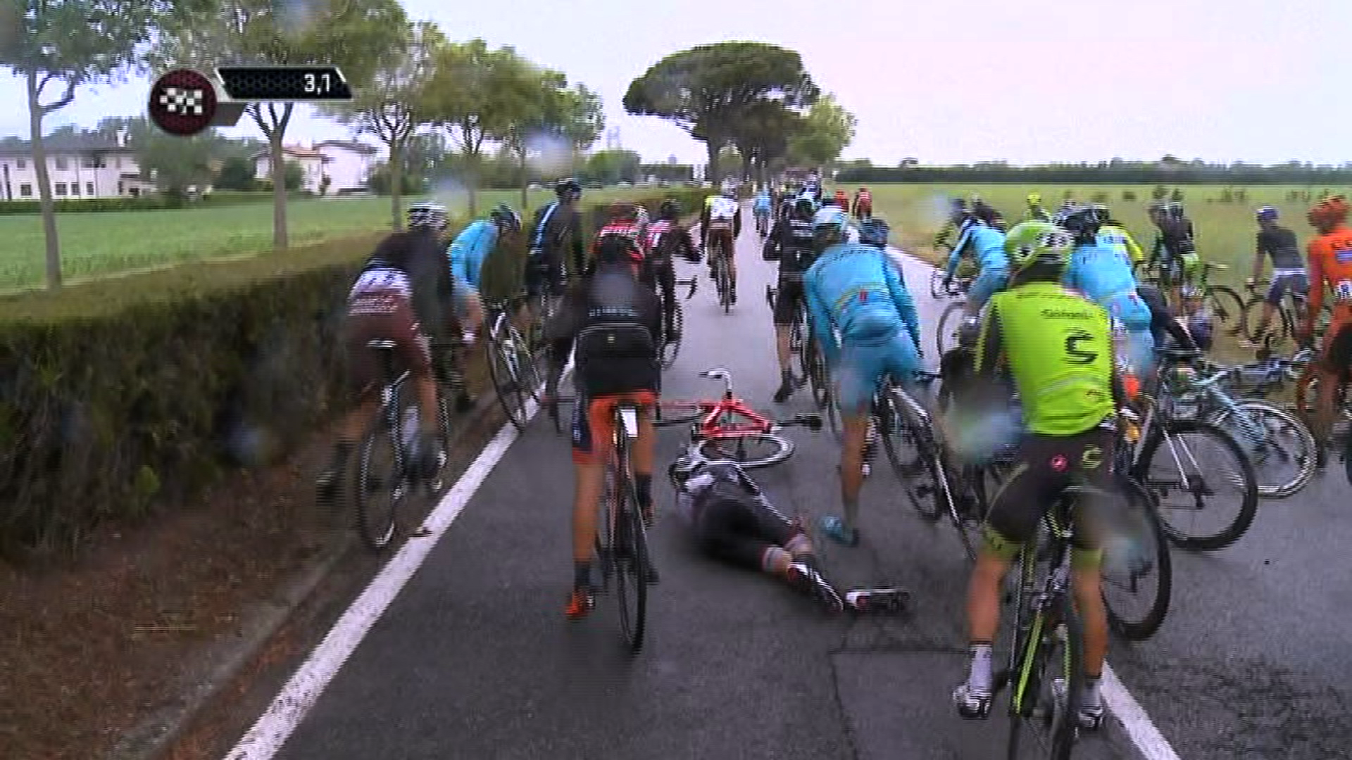 A mass crash on stage 13 of the 2015 Giro d'Italia