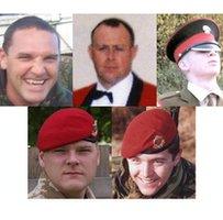 From top left: Warrant Officer Darren Chant, Sgt Matthew Telford and Guardsman James Major. From bottom left: Cpl Steven Boote and Cpl Nicholas Webster-Smith