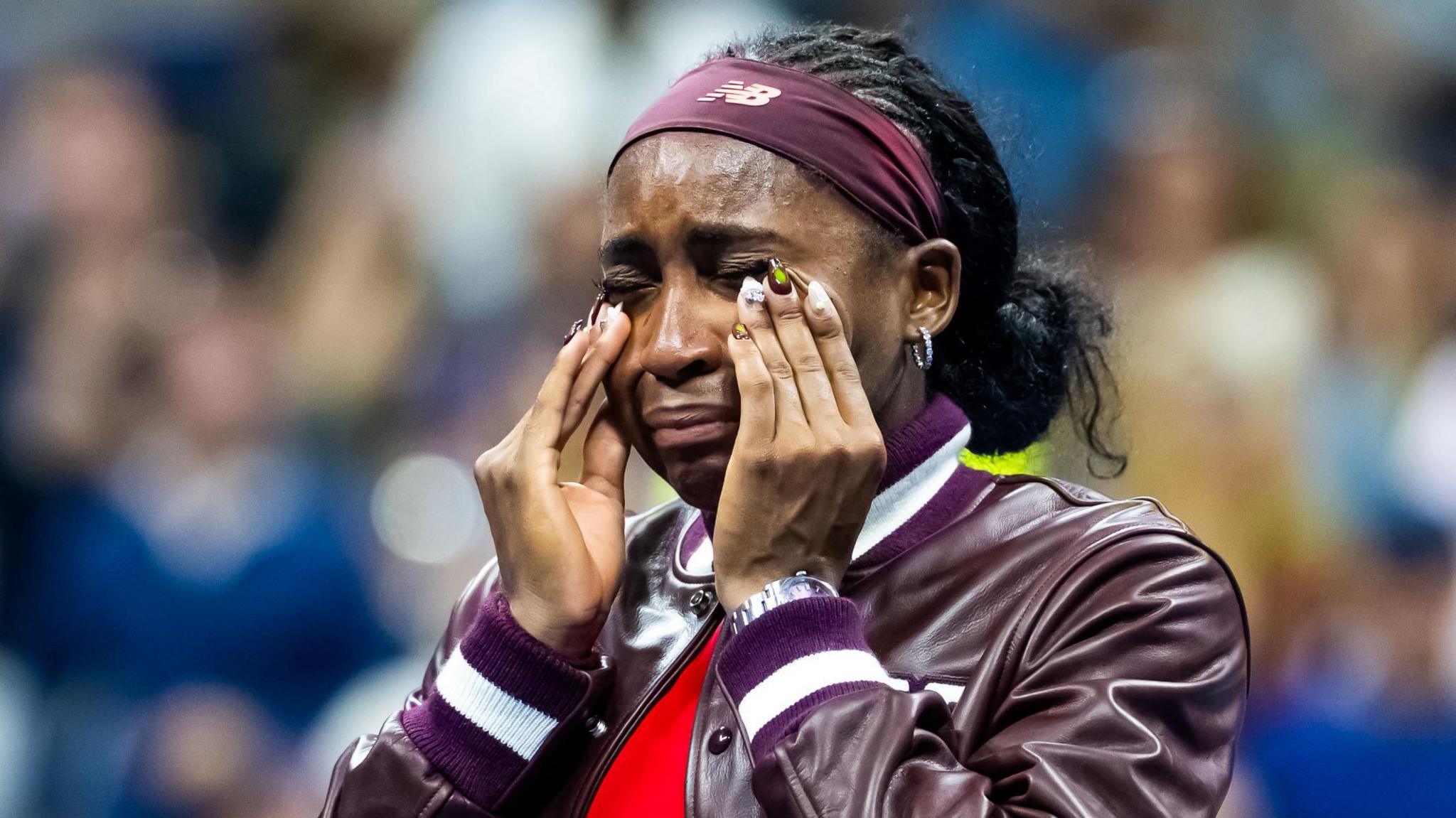 Coco Gauff wipes away tears after her US Open win