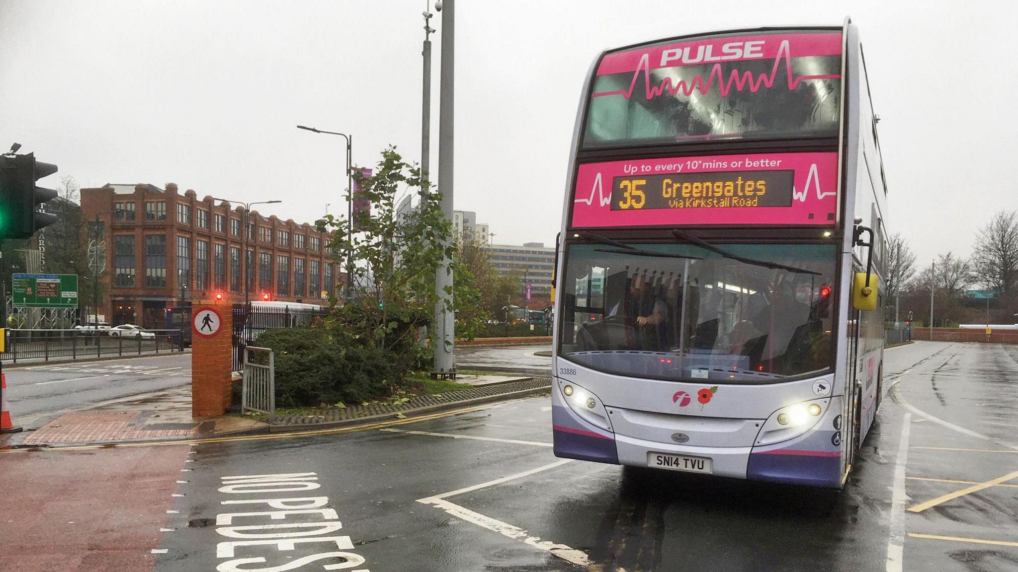 A First bus leaves Leeds Bus Station