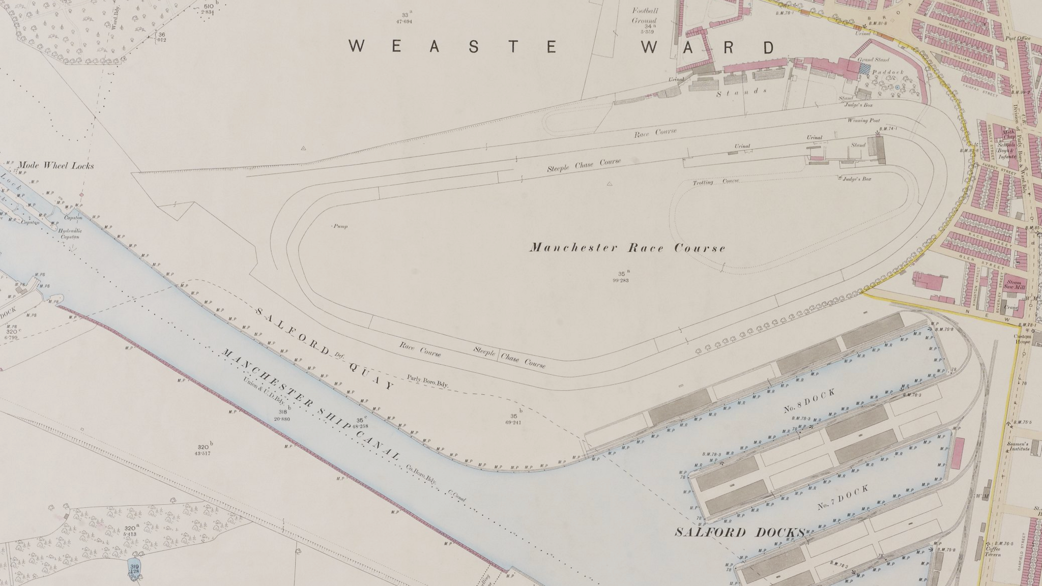 Map from 1896 showing the layout of Manchester Racecourse within Weaste Ward, bordered by the Manchester Ship Canal and Salford Docks, with surrounding streets and industrial areas marked in detail.