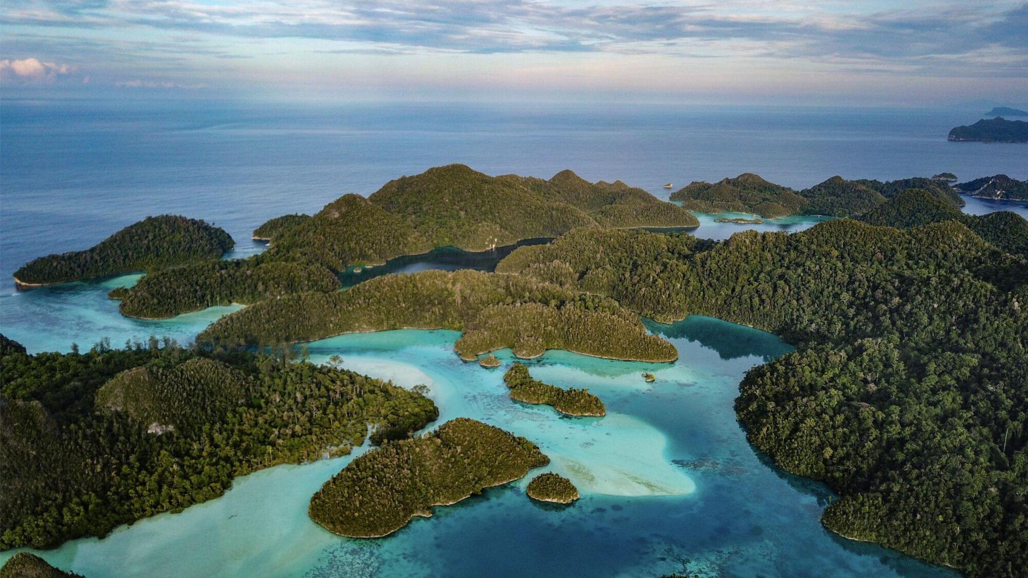 An aerial photograph of a group of small, forested islands in turquoise blue seas. This is a view of a small section of hundreds of islands that make up the The Raja Ampat archipelago - a group of small islands in the country's Southwest Papua Province is sometimes referred to as the "Amazon of the Seas".